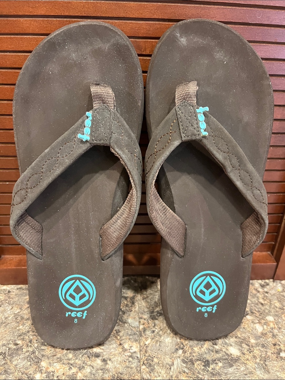 Reef Brown Flip Flop Sandals with Teal Logo